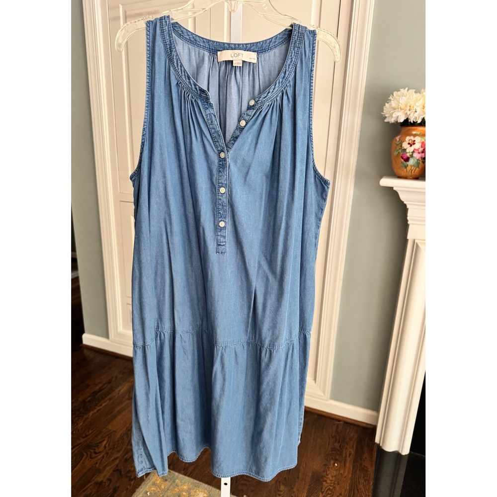 Ann Taylor LOFT Womens Petite Large Chambray Sleeveless Tiered Henley Dress Blue